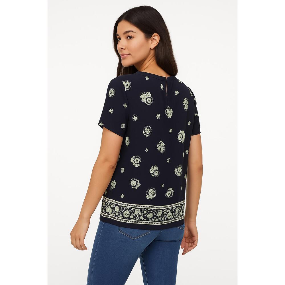 LOFT Outlet Blouse‎ Womens Large Navy Blue Floral Short Sleeve Casual Preppy